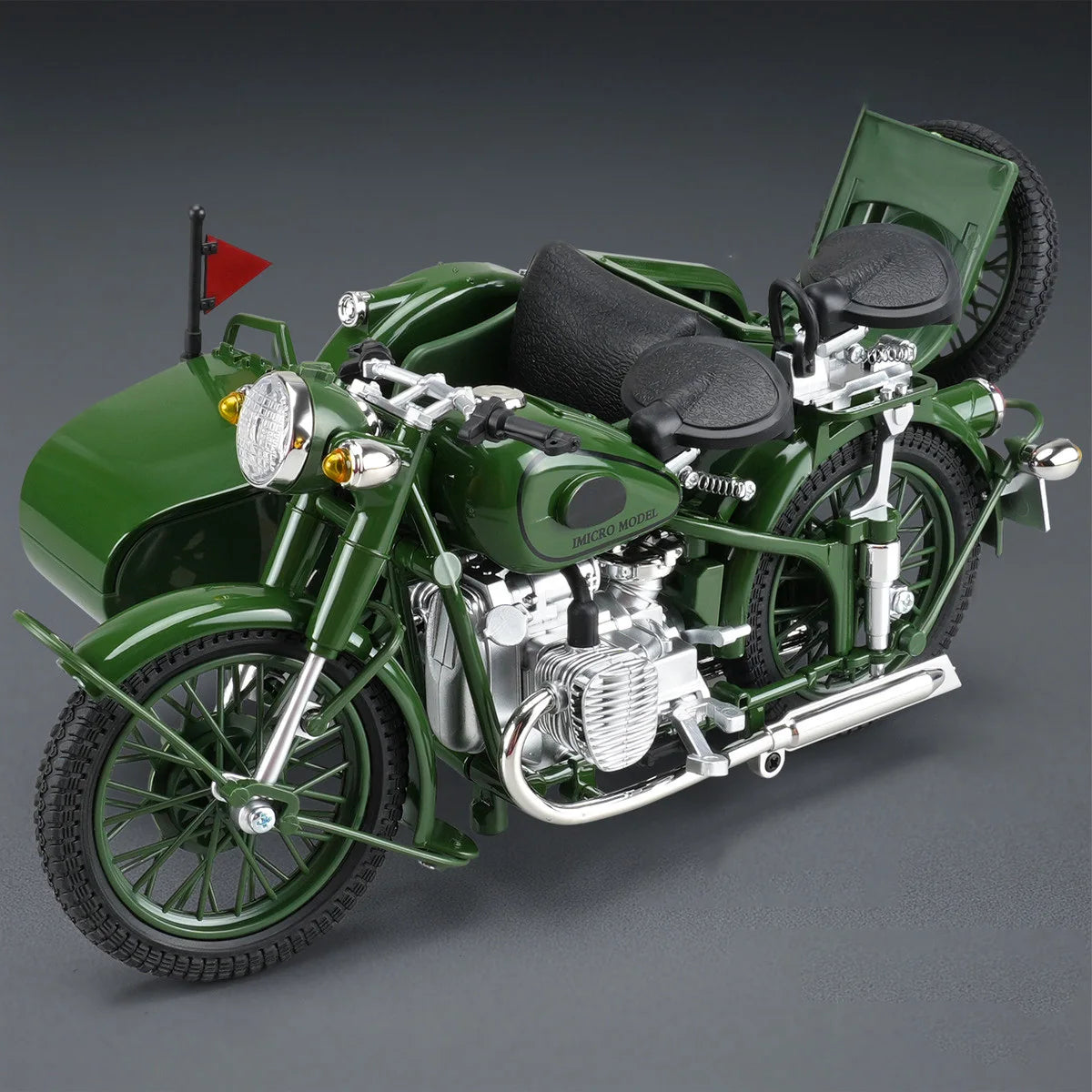 1/10 Alloy Retro Tricycle Side-car Motorcycle Model Diecast Metal Classic Military Motorcycle Model Sound and Light Toy Gift