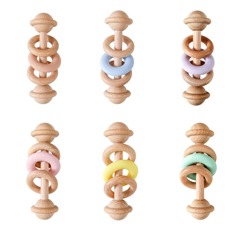 1pc Baby Toys Beech Wooden Rattle Hand Bells Toys Of Newbron Montessori Educational Toys Mobile Rattle Wooden Ring Baby Products