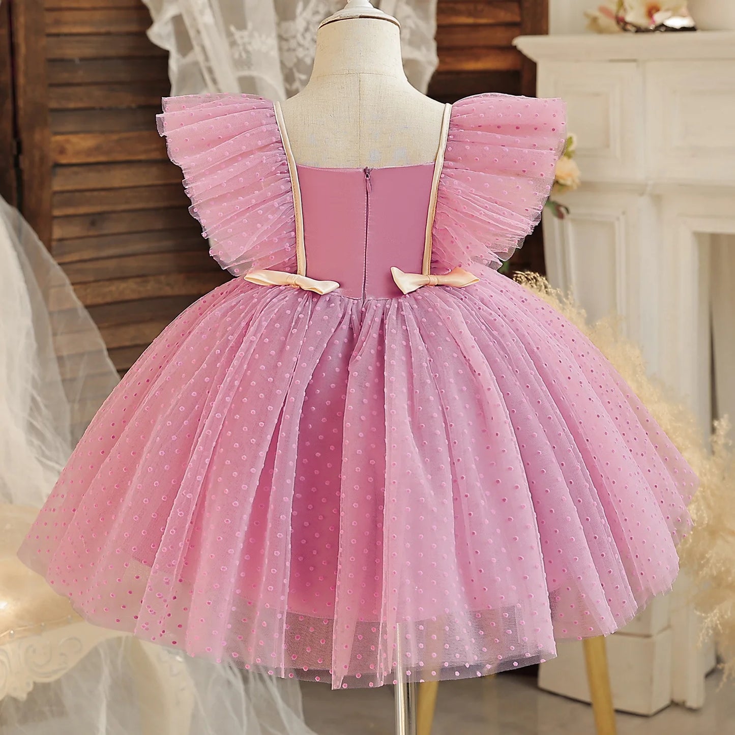 Girls Flying Sleeves Polka Dot Mesh Princess Dress Children Performance Fluffy Costume for Christmas New Year Party