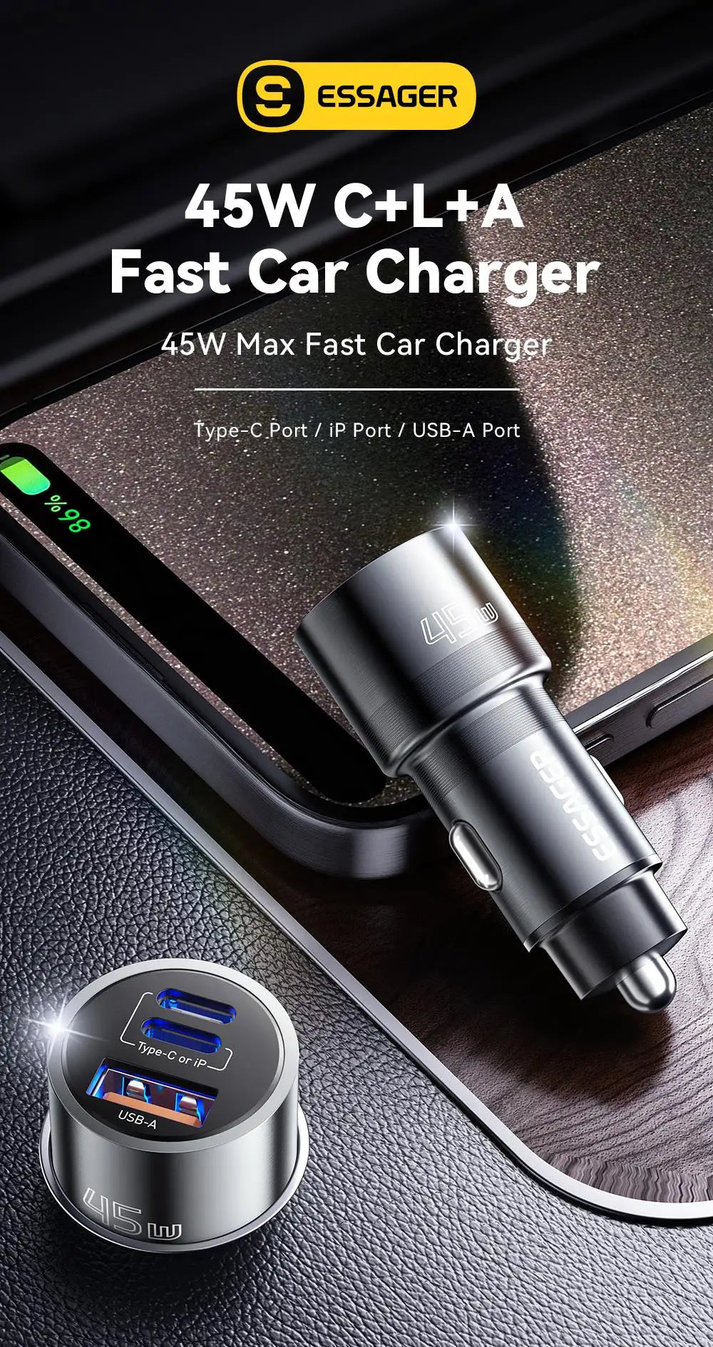 45W USB C Car Charger 3 Port PD 3.0 QC 3.0 PPS Fast Charging with Lightning iP Port