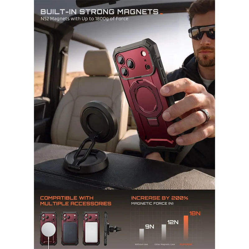 Rugged Magnetic Phone Case with Tempered Glass Screen Protector and Aluminium Kickstand for iPhone 17 Pro and iPhone 18 Pro