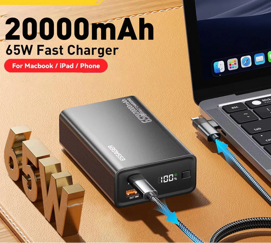 20000mAh Power Bank 65W PD Fast Charging Portable Charger USB-C with Built-in Cables for Laptop & Mobile