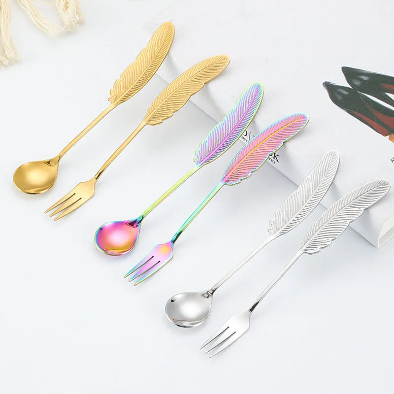 Stainless Steel Feather Spoon, Creative Coffee and Dessert Spoon, Elegant Design for Tea, Ice Cream, Decorative Kitchen Utensils