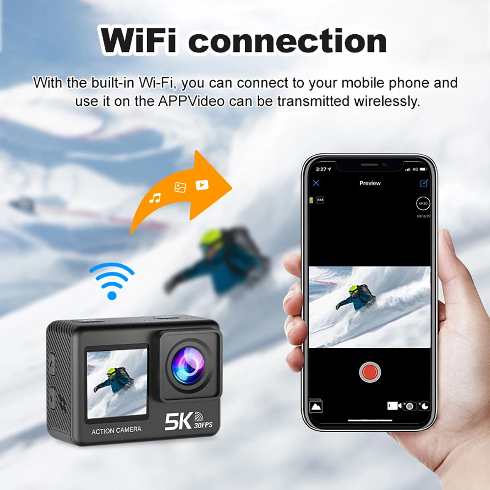 5K Ultra HD Action Camera with Dual Touch Screen WiFi EIS and 30M Waterproof Case