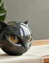Cat Head Statue - Elegant Marble-like Glossy Resin Sculpture with Golden Eyes & Black Marble Texture,Desktop Decor for Home/Offi