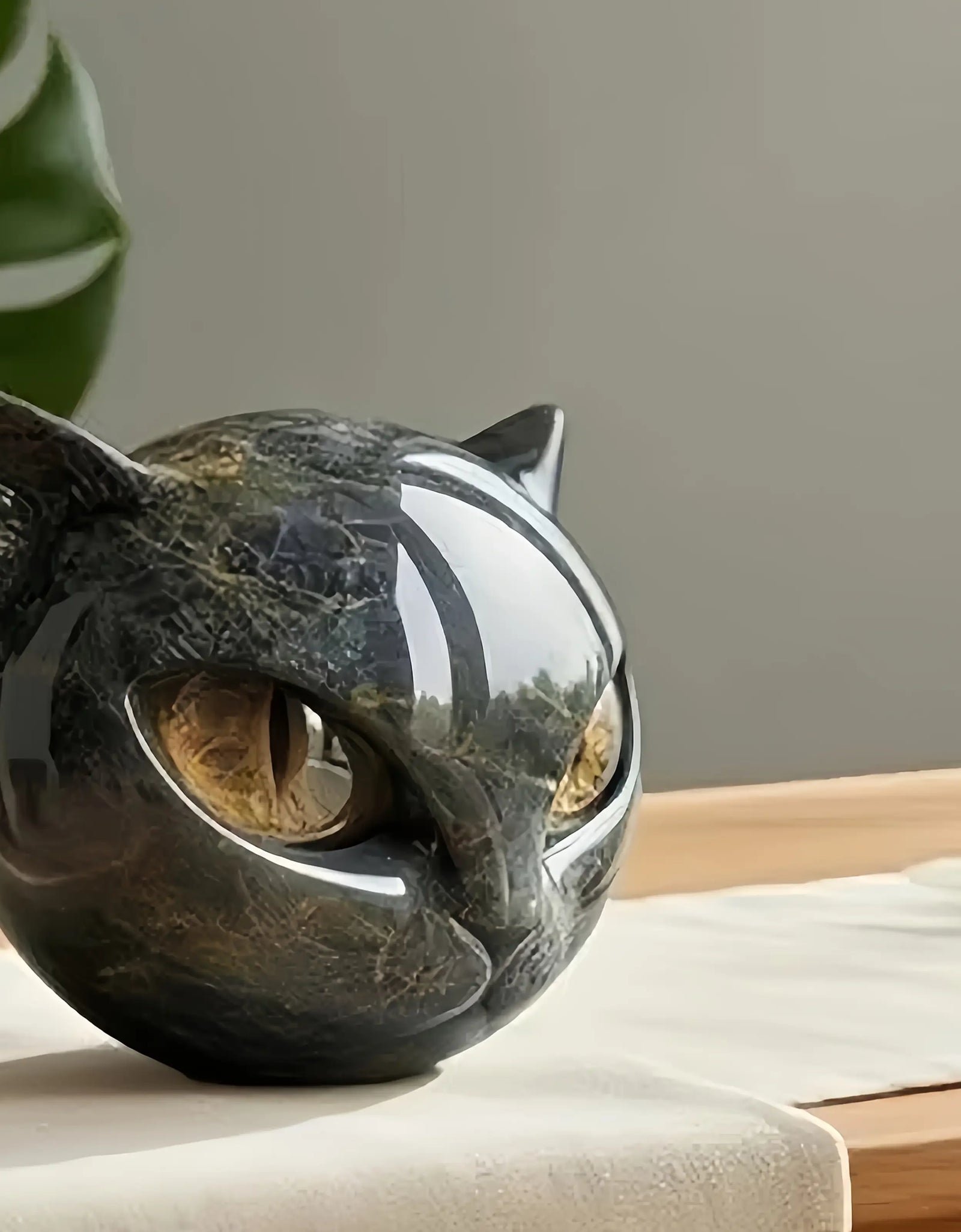 Cat Head Statue - Elegant Marble-like Glossy Resin Sculpture with Golden Eyes & Black Marble Texture,Desktop Decor for Home/Offi