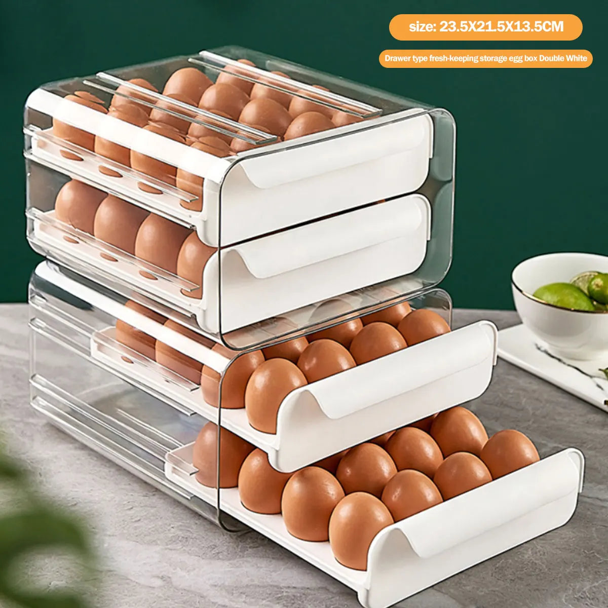 2-Layer 24-Egg Storage Container – Automatic Rolling Egg Holder Space-Saving Refrigerator Organizer