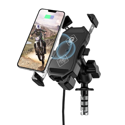 Motorcycle Fork Stem Wireless Charger 15W Qi/USB Quick Charge Phone Holder Handlebar Mirror Mount with 1" Ball for 3.5"-6.8"