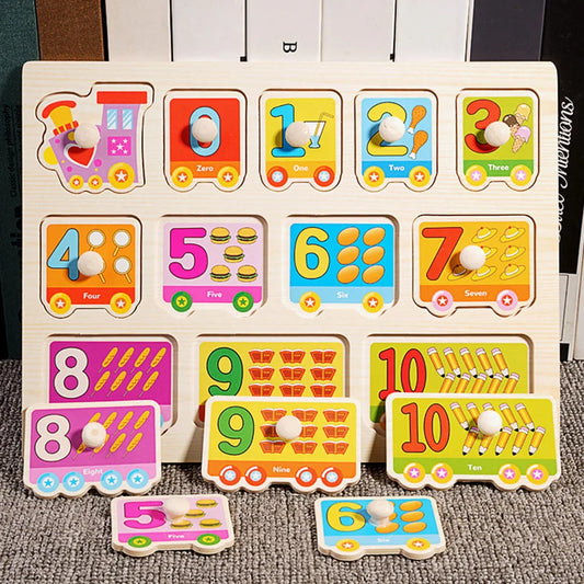 Montessori Wooden Puzzles Hand Grab Boards Toys Tangram Jigsaw  Educational Toys Cartoon Vehicle Animals Fruits 3D Puzzles