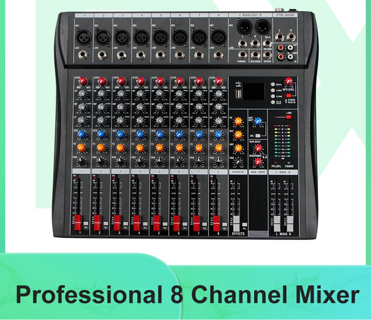 8 Channel Audio Mixer With Bluetooth USB PC Recording And 48V Phantom Power