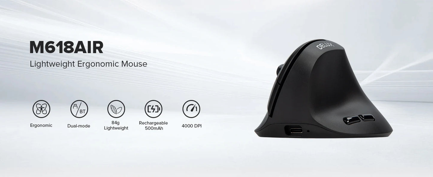 M618 Air Ergonomic Vertical Wireless Mouse – Rechargeable Silent Click, 2400 DPI