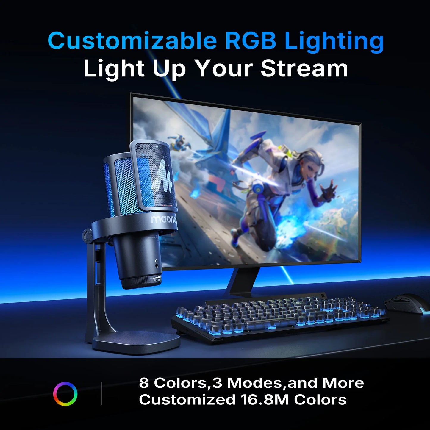 Wireless USB Gaming Microphone with AI Noise Reduction and RGB Lighting