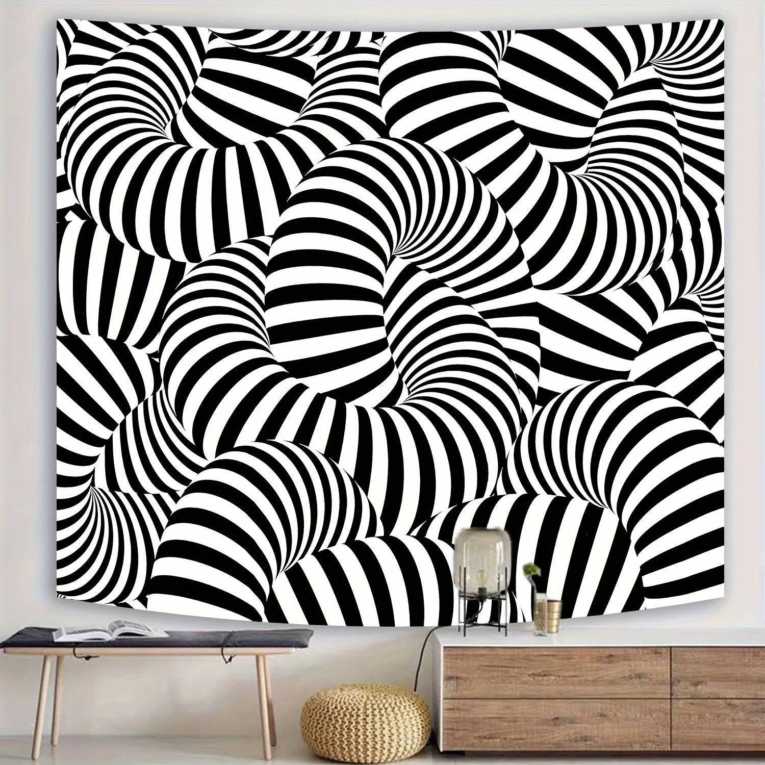 Optical Illusion Tapestry Distorted Cylinder Stripes Black and White Visual Modern Minimalist Style Living Room Decor