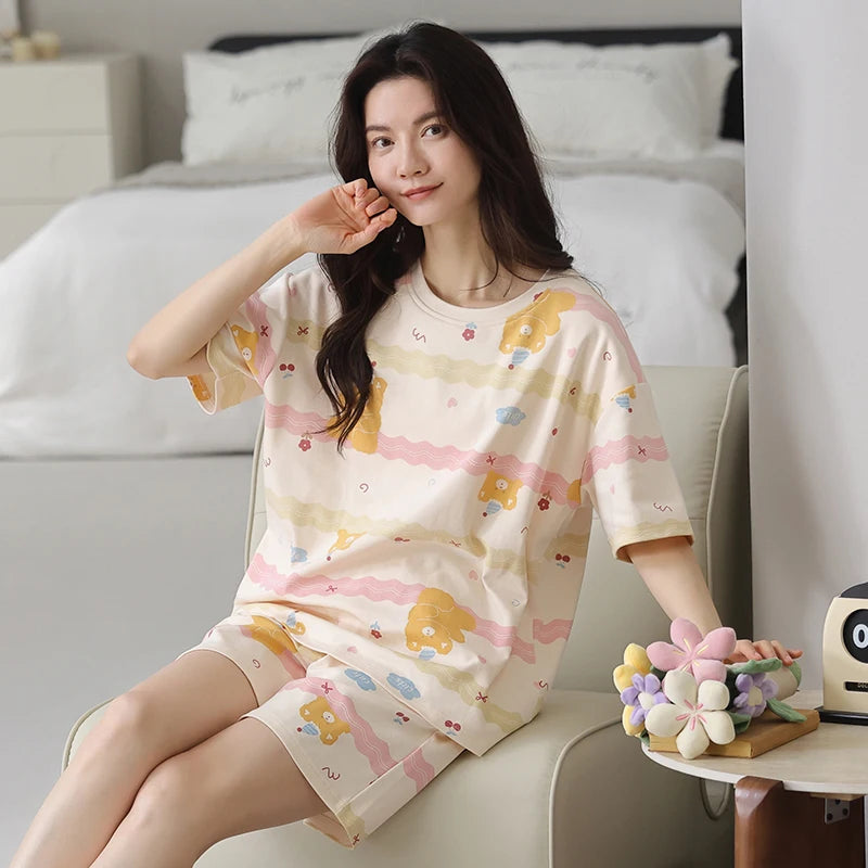 2-Pcs Women’s Cotton Pajama Set – Breathable Short Sleeve Summer Sleepwear with Cute Prints