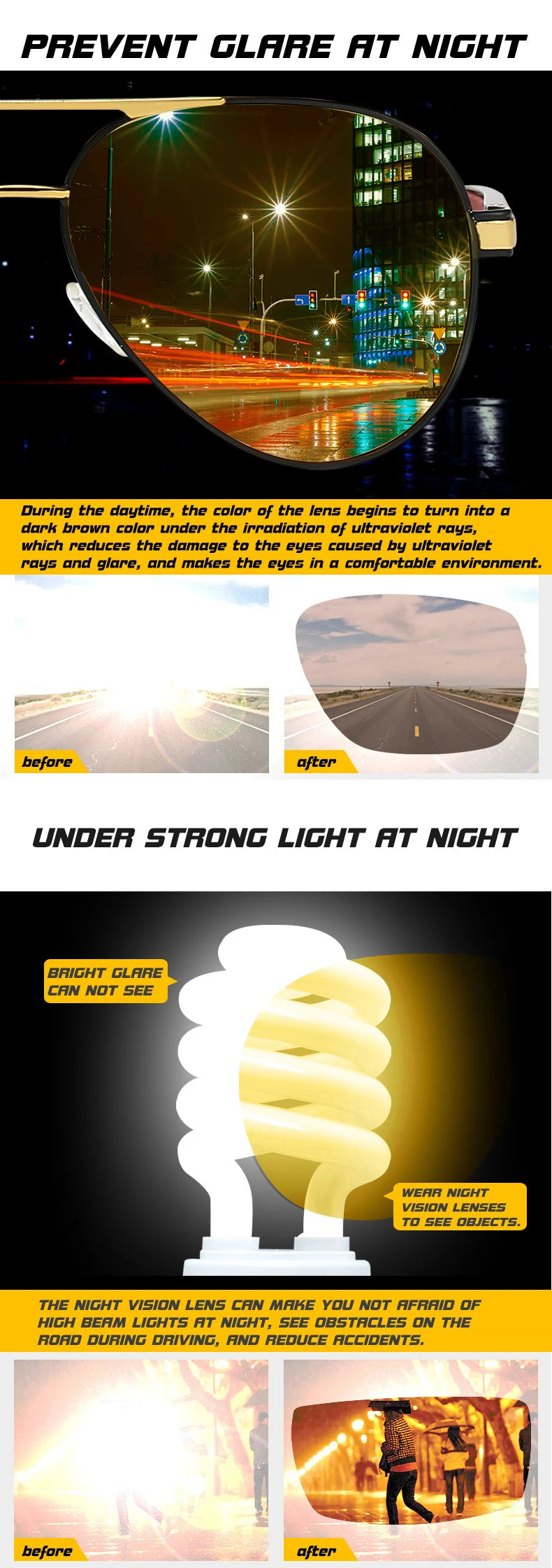 Pilot Photochromic Polarized UV400 Day Night Vision Driving Sunglasses for Men Women