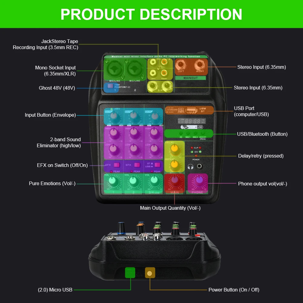 A4 4 Channel Portable Professional Audio Mixer with Bluetooth 48V Phantom,Monitoring Function for DJ Karaoke PC MP3 microphone