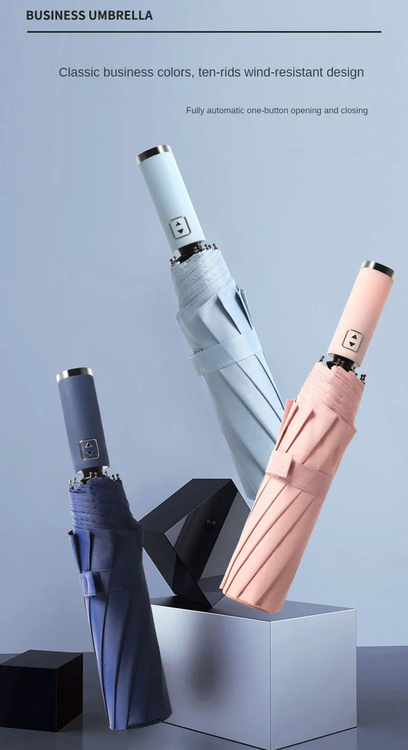 Automatic Folding Umbrella 10 Rib Windproof UV Protection Three Fold Compact Travel Umbrella Sun Rain Use