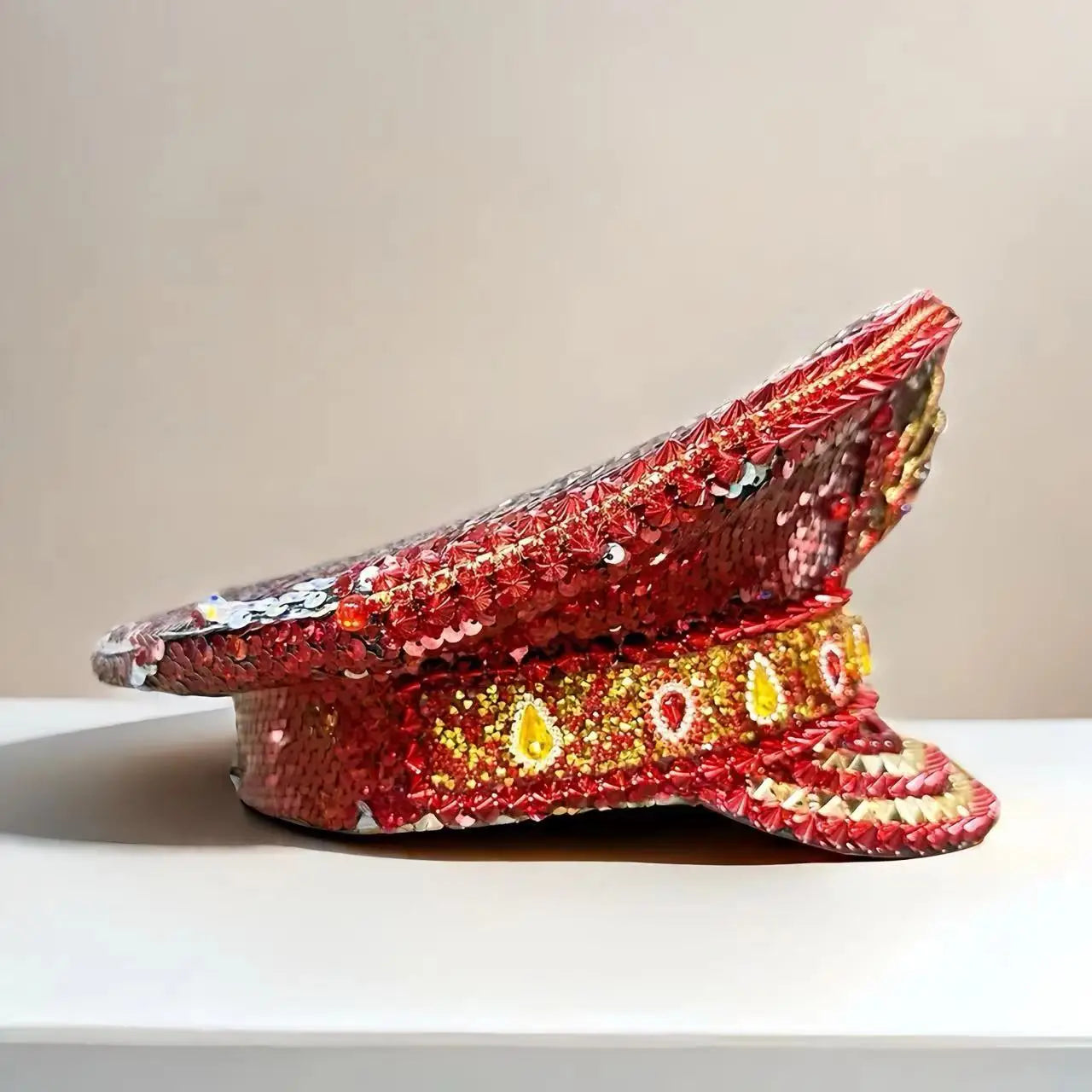 Red Rose Bling Captain Hat Rhinestone for Woman Steampunk Military Cap for Men Burning Man Music Festivals Accessories