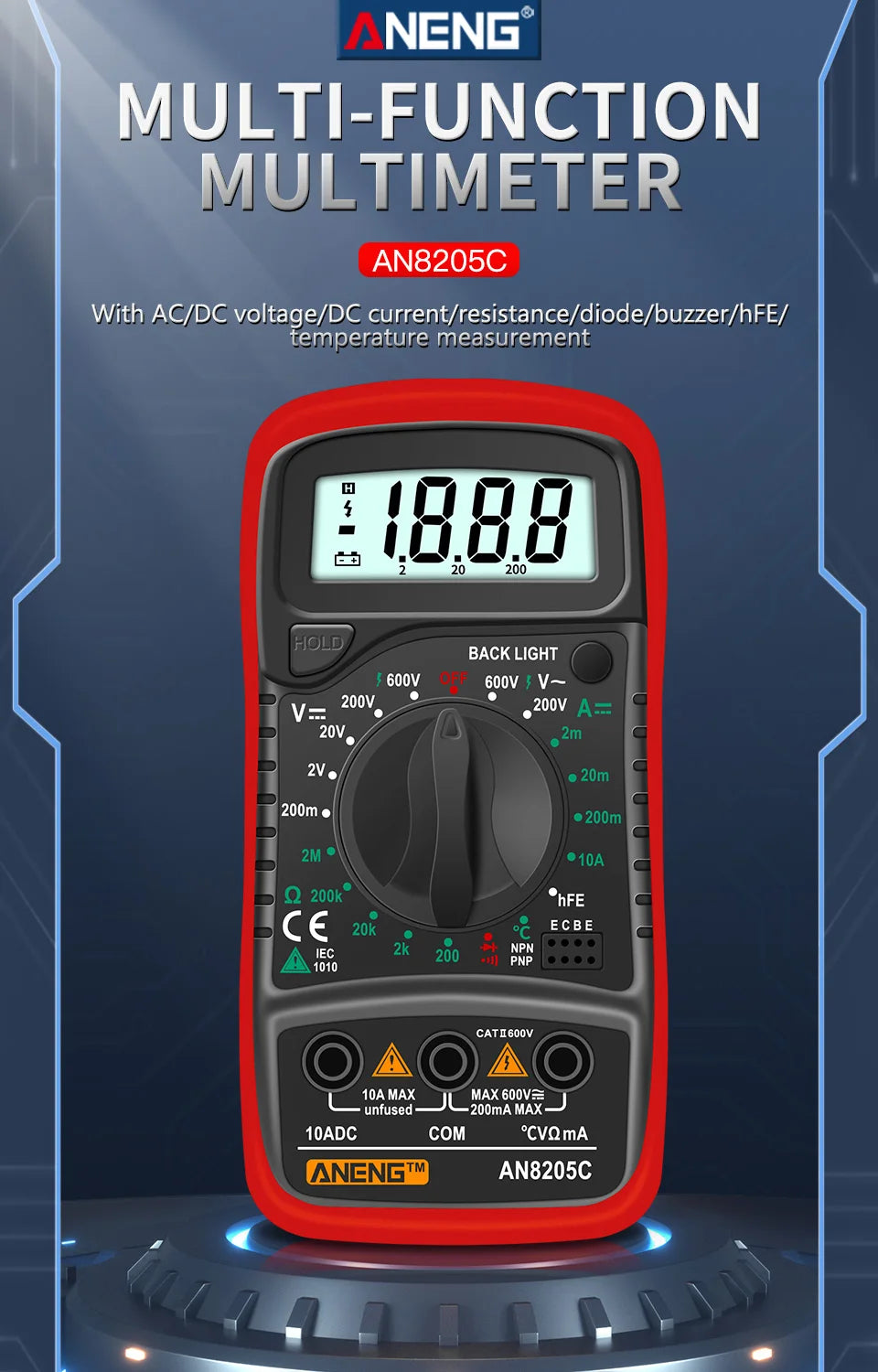 Digital Multimeter AC/DC Ammeter Volt Ohm Multimetro Tester Meter With Thermocouple LCD Backlight Portable