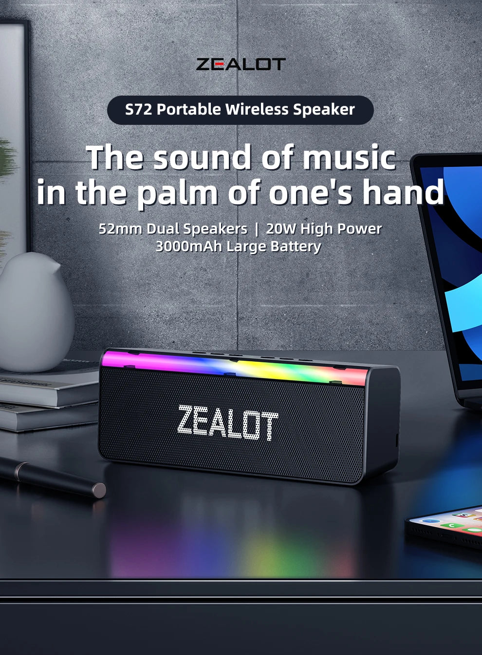 ZEALOT-S72 Portable Bluetooth-Compatible Speakers, Bass with Subwoofer, Wireless Sound Box, Waterproof TWS Boombox, 3000mAh, 20W