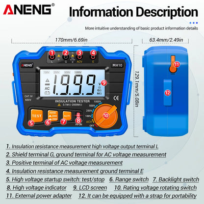 HD Digital Insulation Resistance Gauge Ohmer Testers 1000V Megometer Megohmmeter Ohm Test Auto Range Backlight Meters