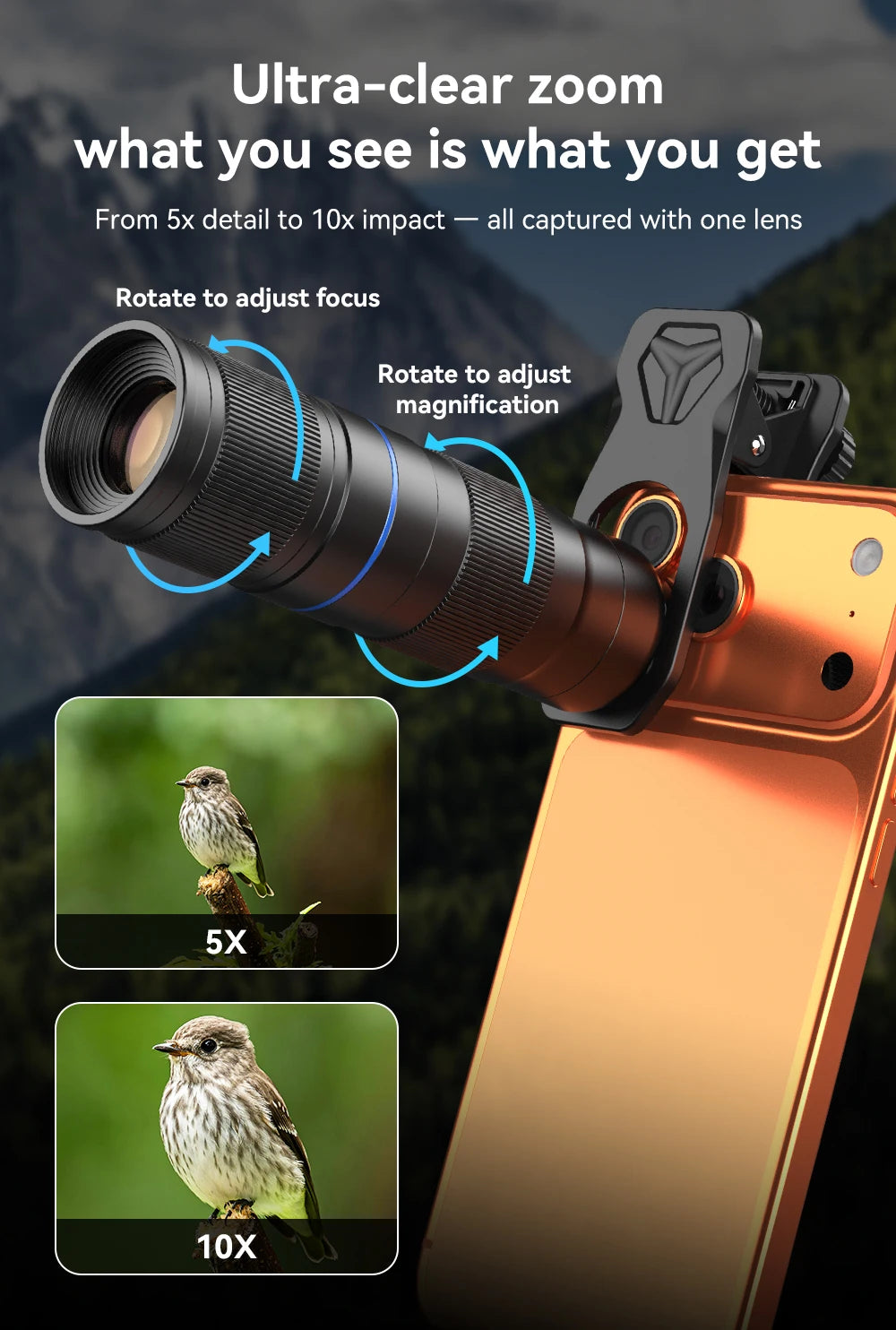 5X to 10X Telephoto Zoom Smartphone Lens with Universal Clip