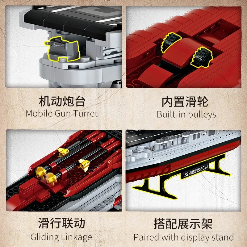 Military World War II Warship Battle Boat Building Blocks Sets The USS Enterprise CV-6 Bricks Toy For  Birthday Gift