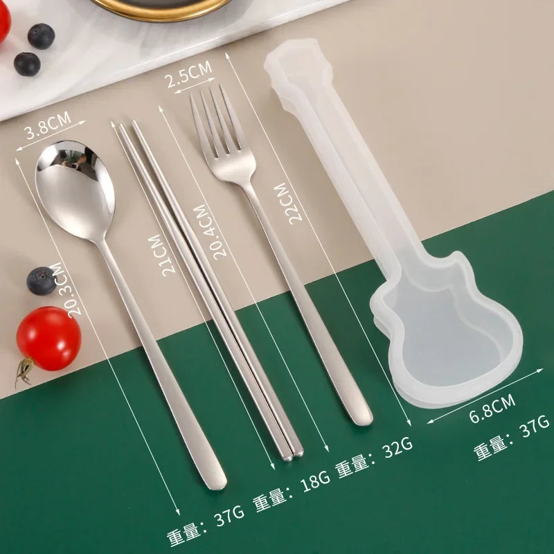 2/3Pcs Cutlery Set Fork Spoon Chopsticks Dinnerware Set 304 Stainless Steel Portable Travel Flatware Guitar Box
