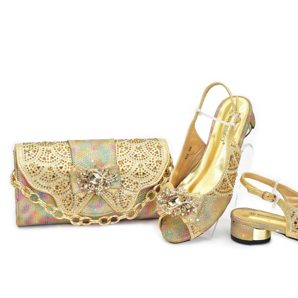 Women Low Heels Sandals Shinning Material with Rhinestone Italian Design Sky Blue Color Peep Toe Shoes and Bags Set