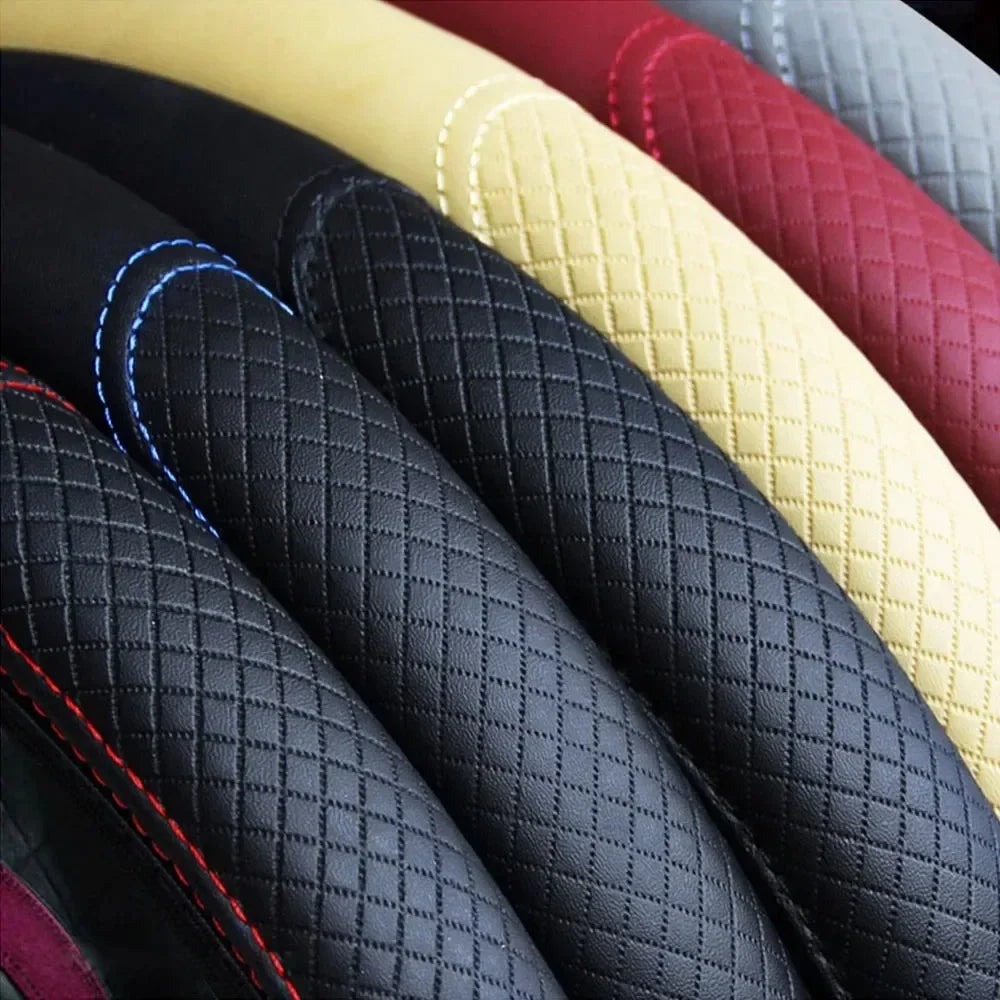 Embossed Leather Car Steering Wheel Cover Anti Slip 37CM 39CM