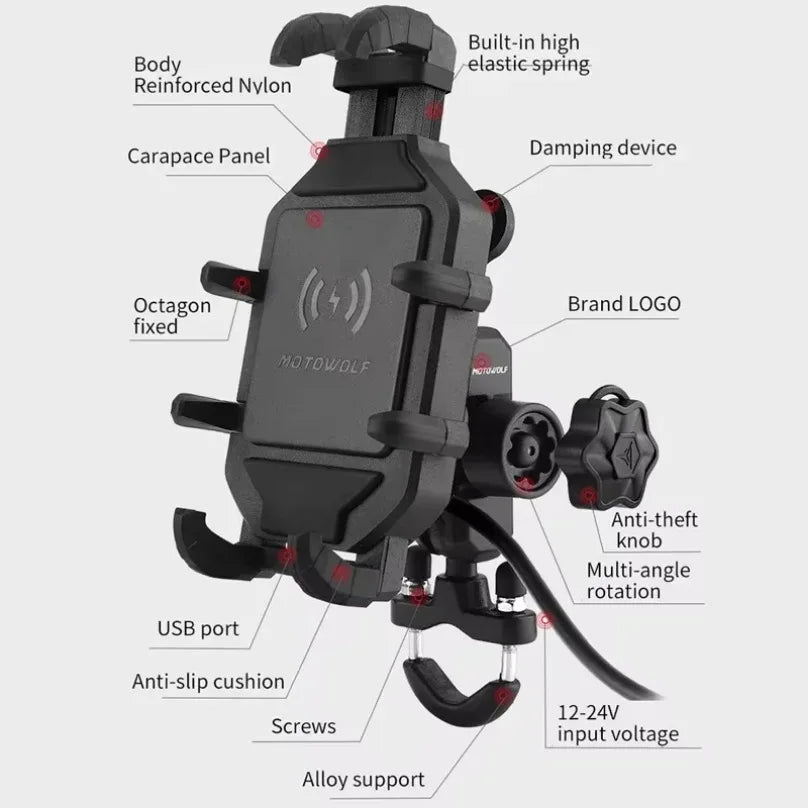 Anti-Thief Motorcycle Bike Mobile Phone Holder Fast 15W Wireless Charging Charger Cycling Mirror Stand Handlebar Mount