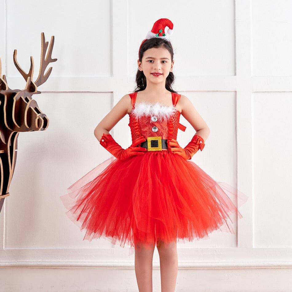 Sparkly Christmas Elf Tutu Dress for Girls Santa Claus Costumes for Kids Birthday Halloween Outfit Children Xmas Holiday Clothes