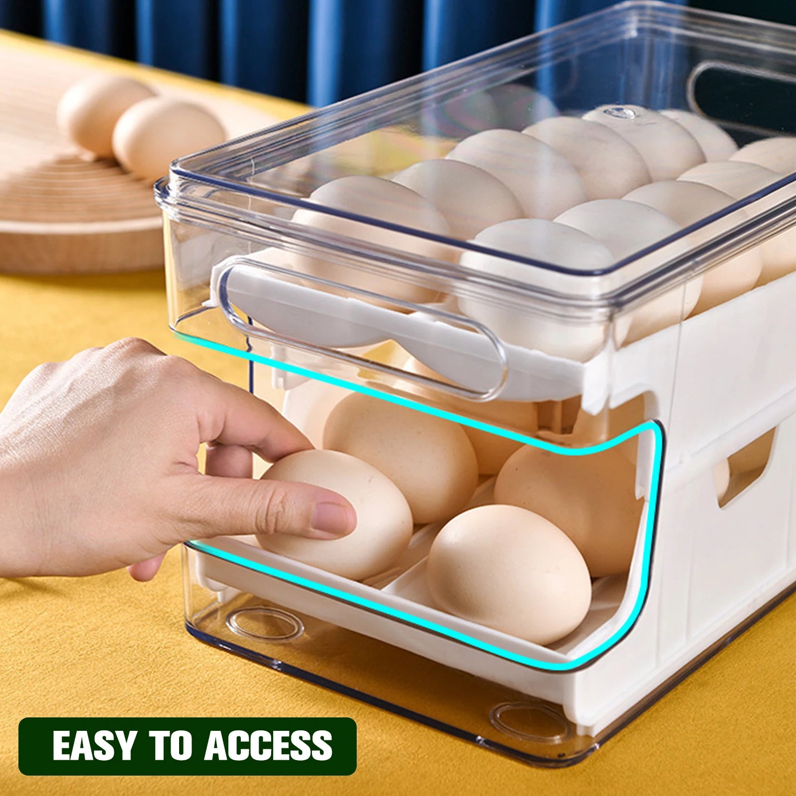2-Layer 24-Egg Storage Container – Automatic Rolling Egg Holder Space-Saving Refrigerator Organizer