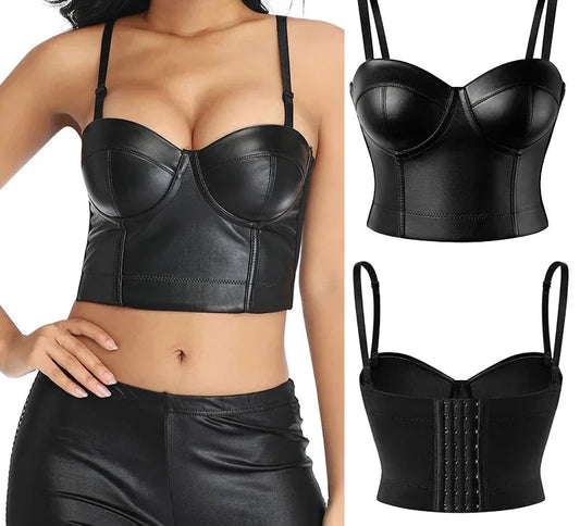 Bustiers & Corsets PU Leather Gothic Corset Vest Padded Bra Top Strapless Bras Underwire Brassiere Bustier Crop Top