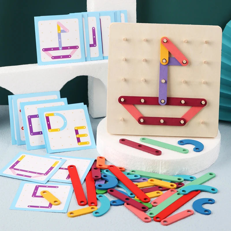 Wooden Geometric Pegboard Construction and Pattern Puzzle Set