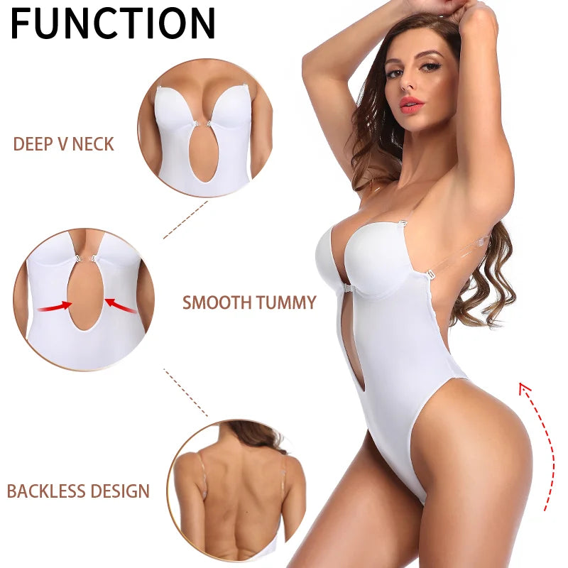 Women U Plunge Backless Bodysuit Shapewear – Deep V-Neck Tummy Control Body Shaper