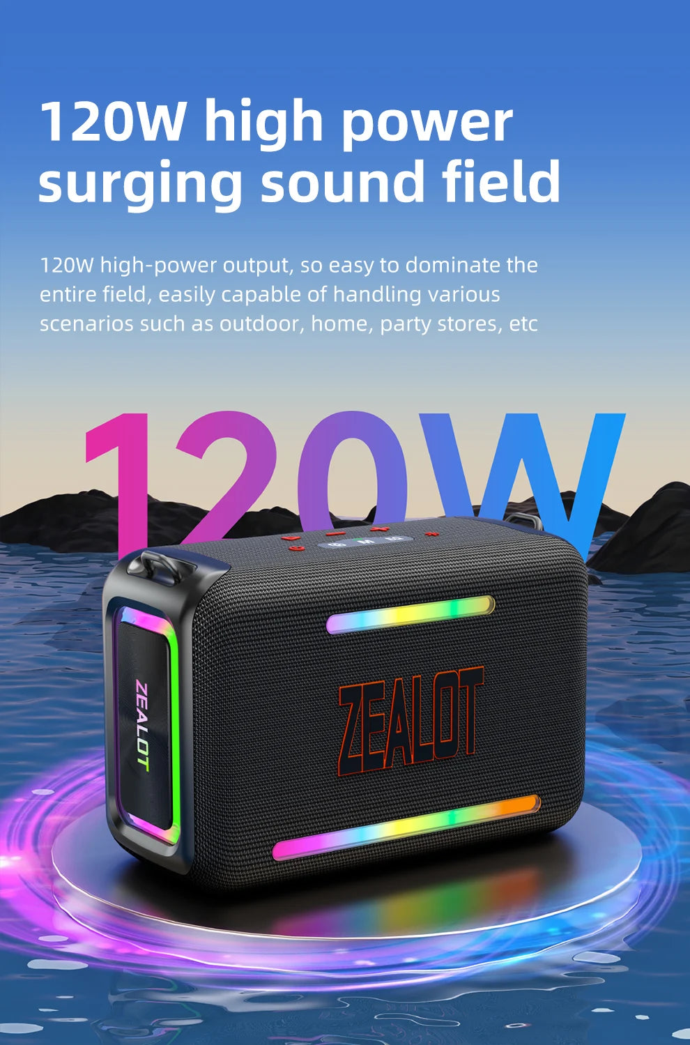 ZEALOT S95 120W RGB Portable Bluetooth Speakers, Massive Bass Party Boombox IPX6 Waterproof Speaker Large, Loud Outdoor Speaker