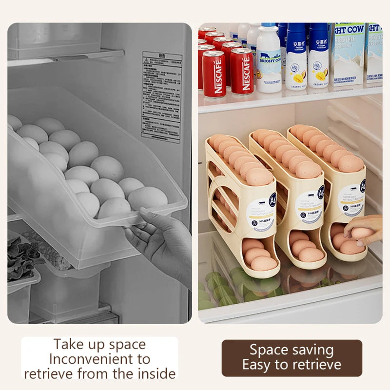 4-Layer Automatic Rolling Egg Holder Rack – Refrigerator Egg Storage Box Kitchen Organizer