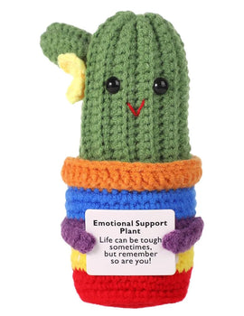 2 Pcs Funny Crochet Positive Energy Cactus Doll with Encouragement Card Handmade Wool Knitted Emotional Support Plant Ornament Gifts