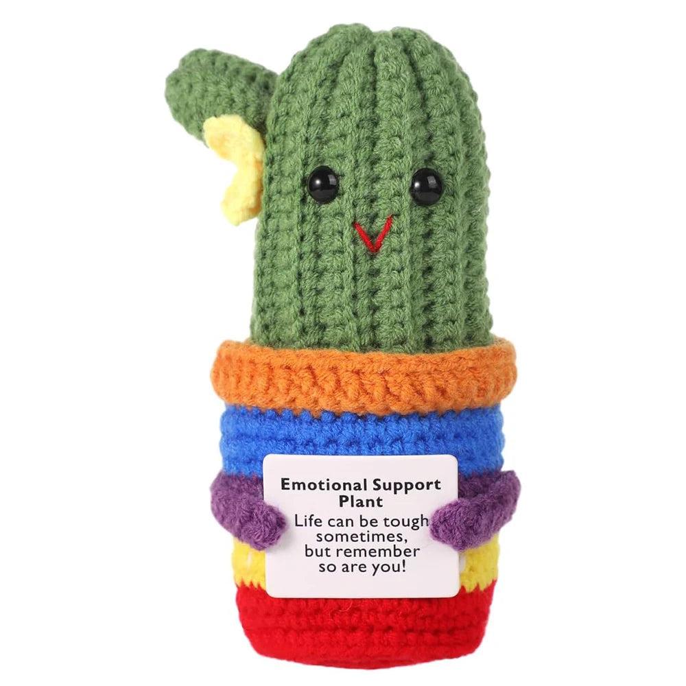 2 Pcs Funny Crochet Positive Energy Cactus Doll with Encouragement Card Handmade Wool Knitted Emotional Support Plant Ornament Gifts