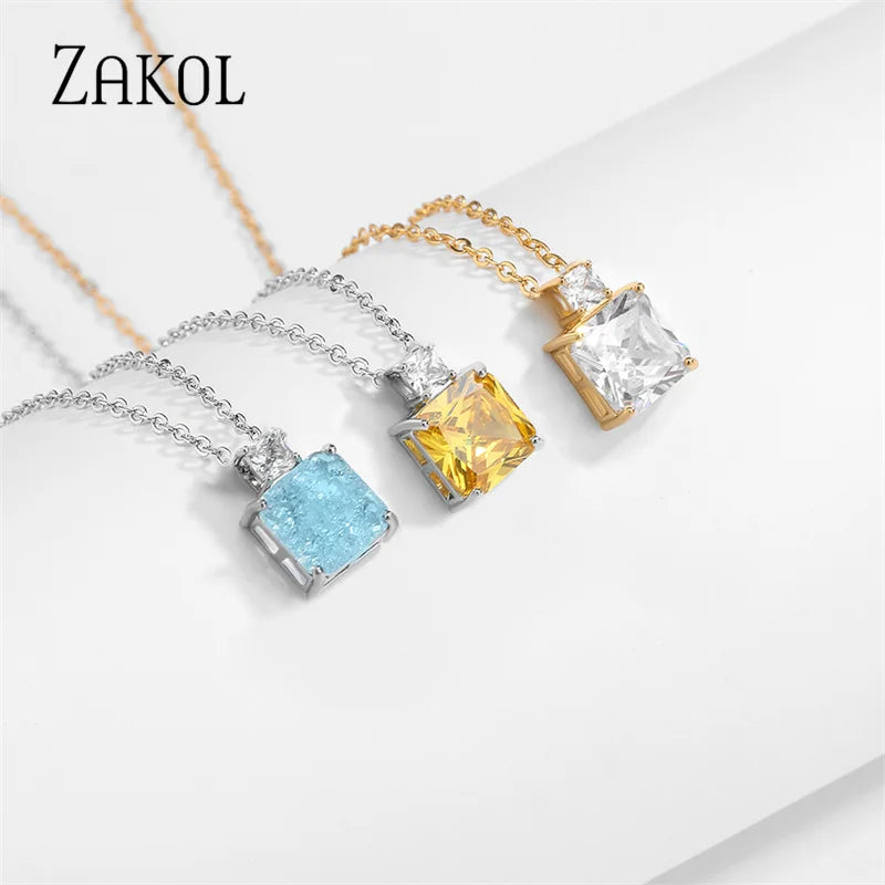 Light Blue Square Cubic Zirconia Pendant Necklaces