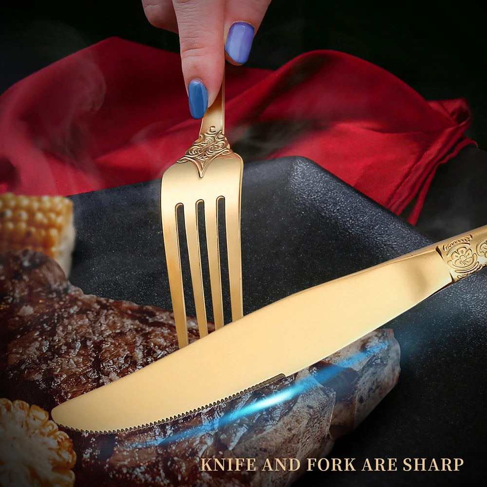 Luxury Spoon and Fork Set Stainless Steel Gold Cutlery Set Food Grade Upscale Royal Tableware European Steak Knife Kitchen Items