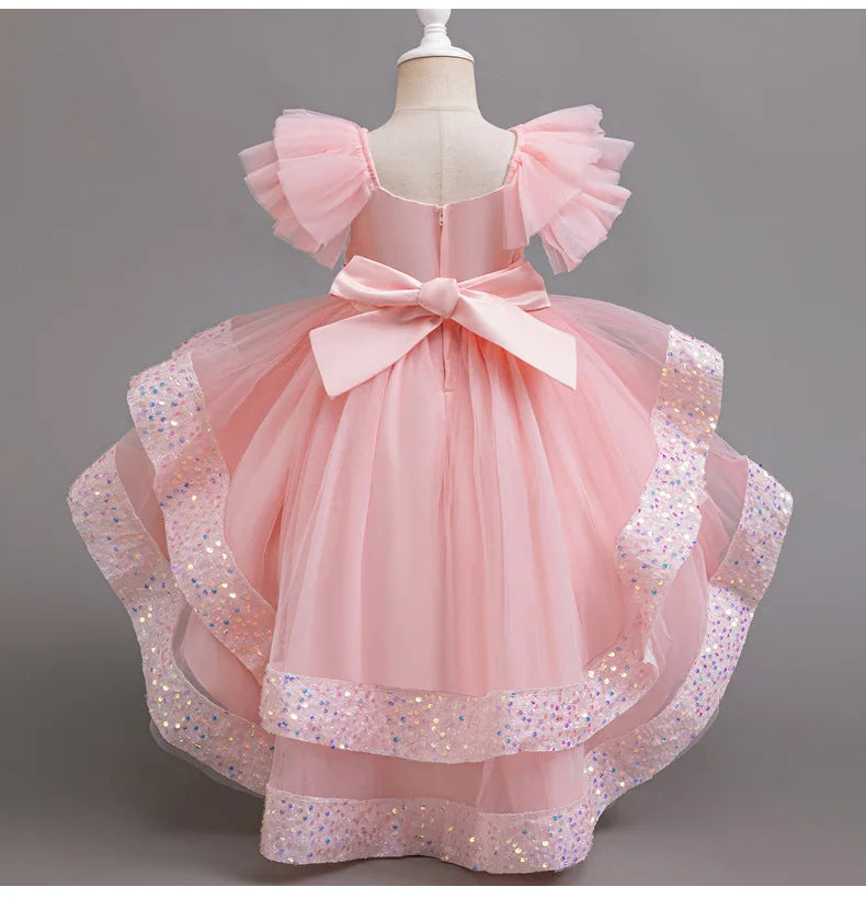 Sparkling Girls' Evening Gown - Sequin Dress with Train for Birthday Party & Piano Recital