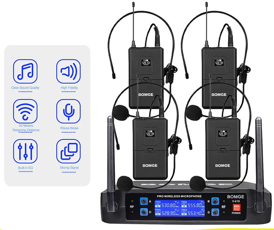4 Channel Wireless Headset Microphone System for Stage Performances and Conferences