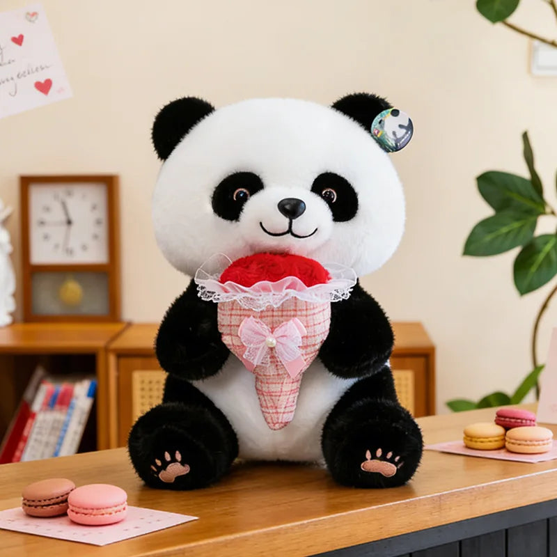 Kawaii Stuffed Doll Cute Panda Plush Toy with Flower Bouquet for Anime Lovers Kids Birthday Gift Stuffed Animal Gift for