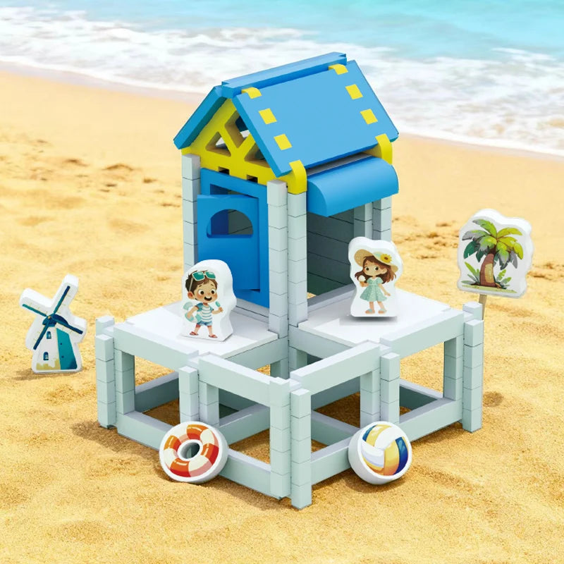 Wooden Beach Villa Building Blocks Construction Toy Set