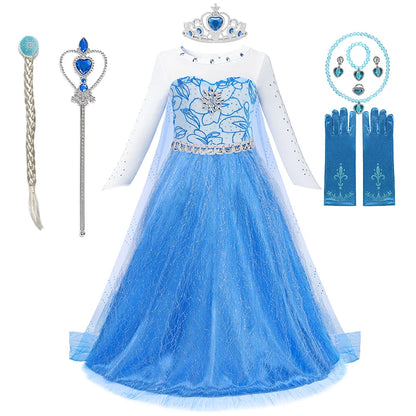 2-10Y Elsa Dress for Girl Disney Elsa Costume Snow Queen Dress for Cosplay Birthday Christmas Party Children Kids Frozen Costume