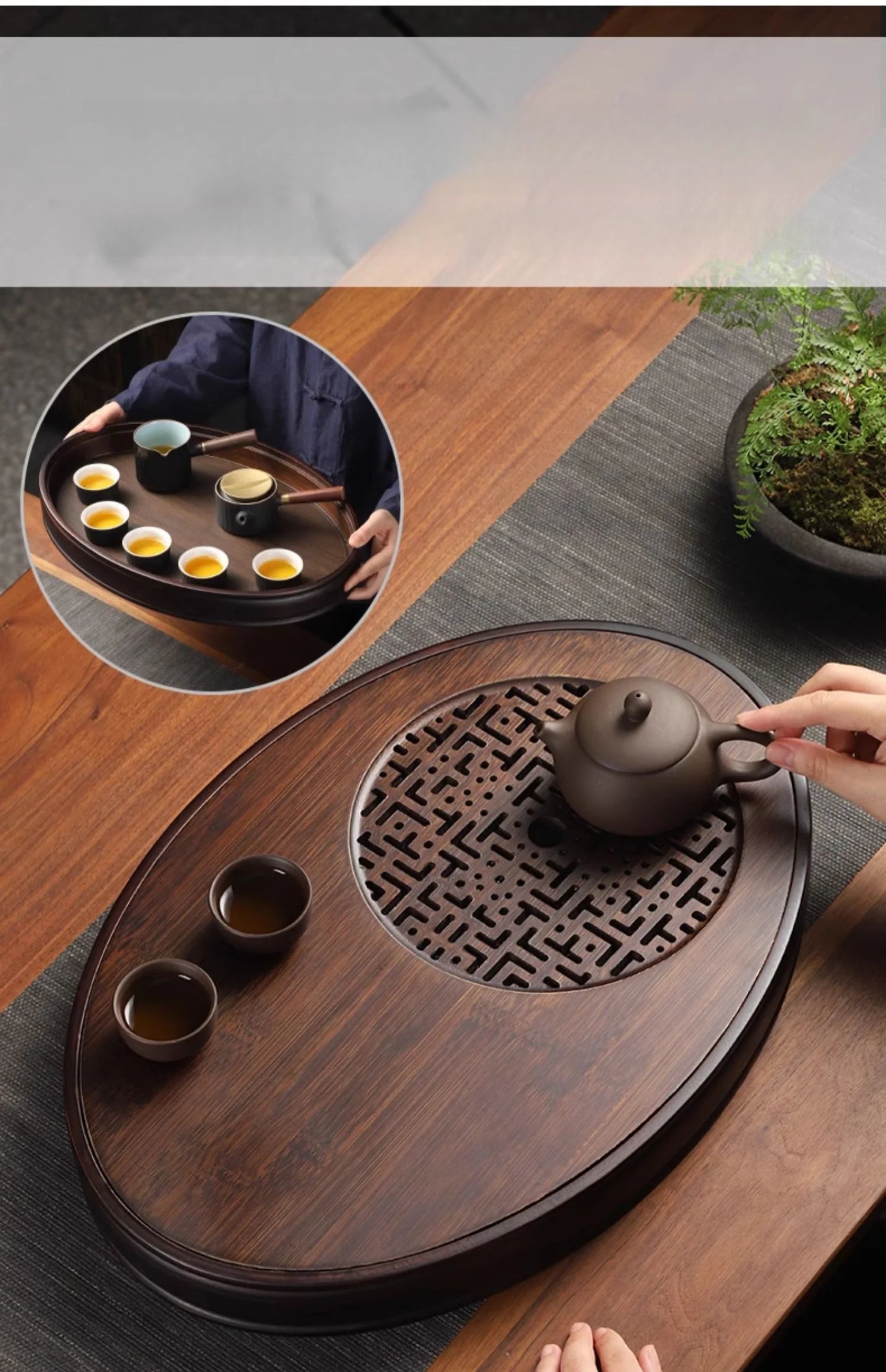 Chinese Tea Ceremony Culture Oval Tea Tray Natural Bamboo Hollow Drainage Storage Tea Tray Home Solid Wood Storage Tray
