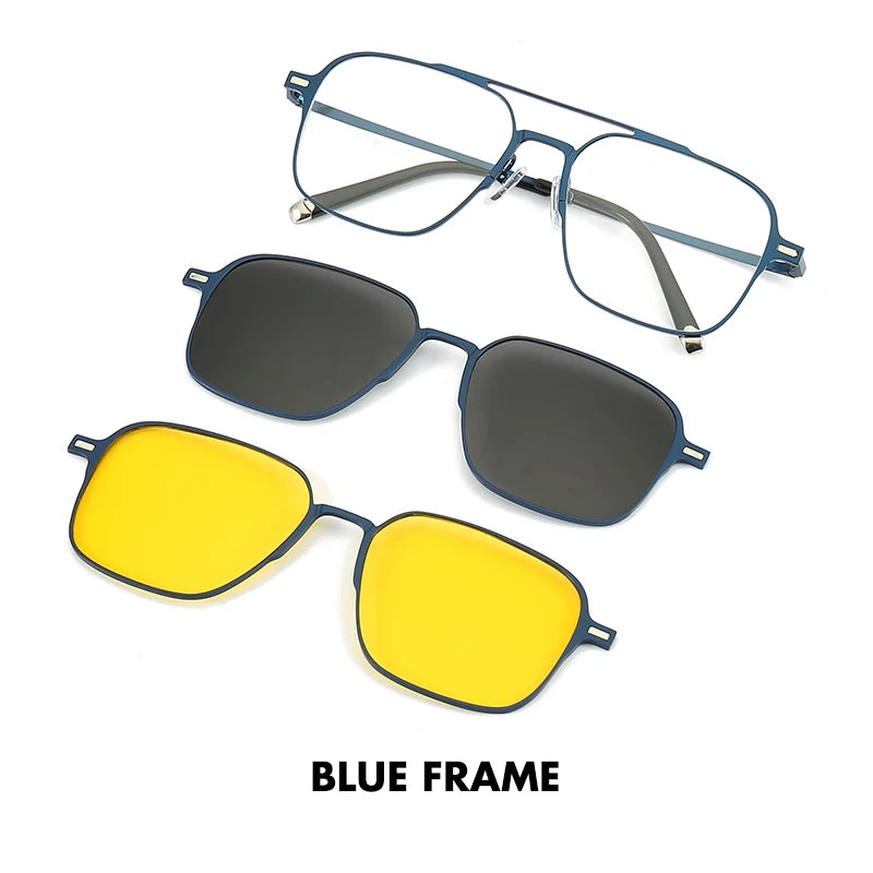 Titanium 3 In 1 Magnetic Clip On Polarized Sunglasses UV400 Optical Computer Glasses for Men Women