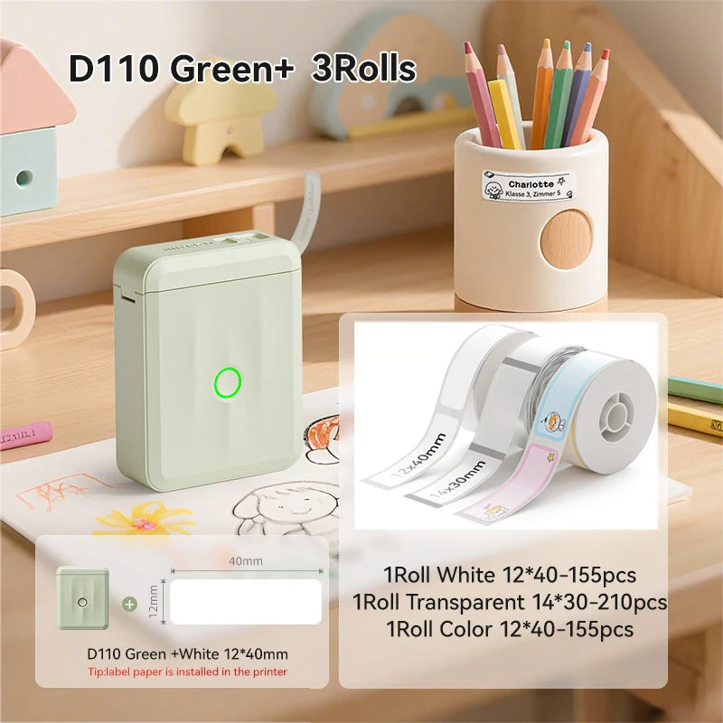 D110 Mini Thermal Label Printer, Bluetooth Portable Smart Label Maker 12–15mm, Inkless Sticker Printer for Home Office Kitchen School